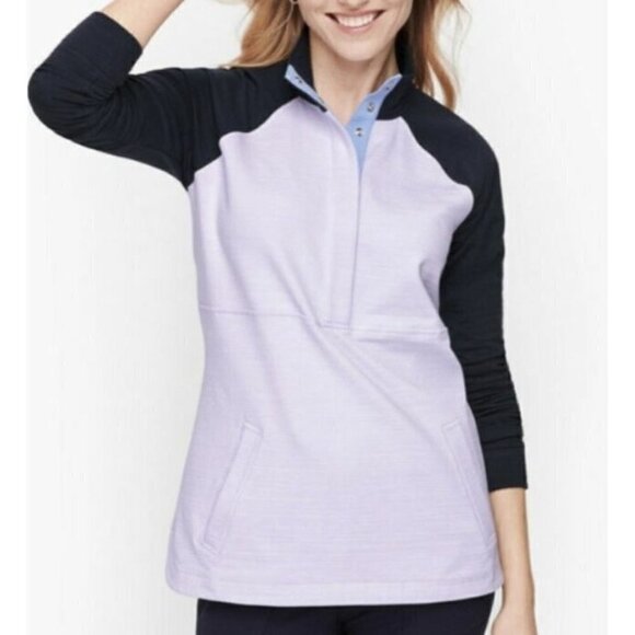 T By Talbots Womens Large Lilac Navy Blue Slub Knit Terry Pullover 1/2 Snap - Picture 1 of 6
